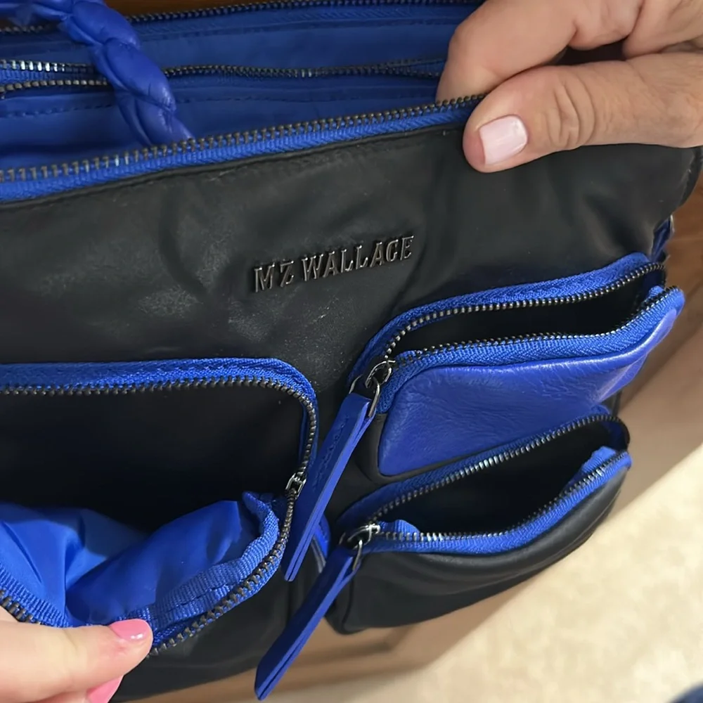 MZ Wallace Bowery Pocket Black and Cobalt Blue Crossbody Bag - Picture 9 of 16